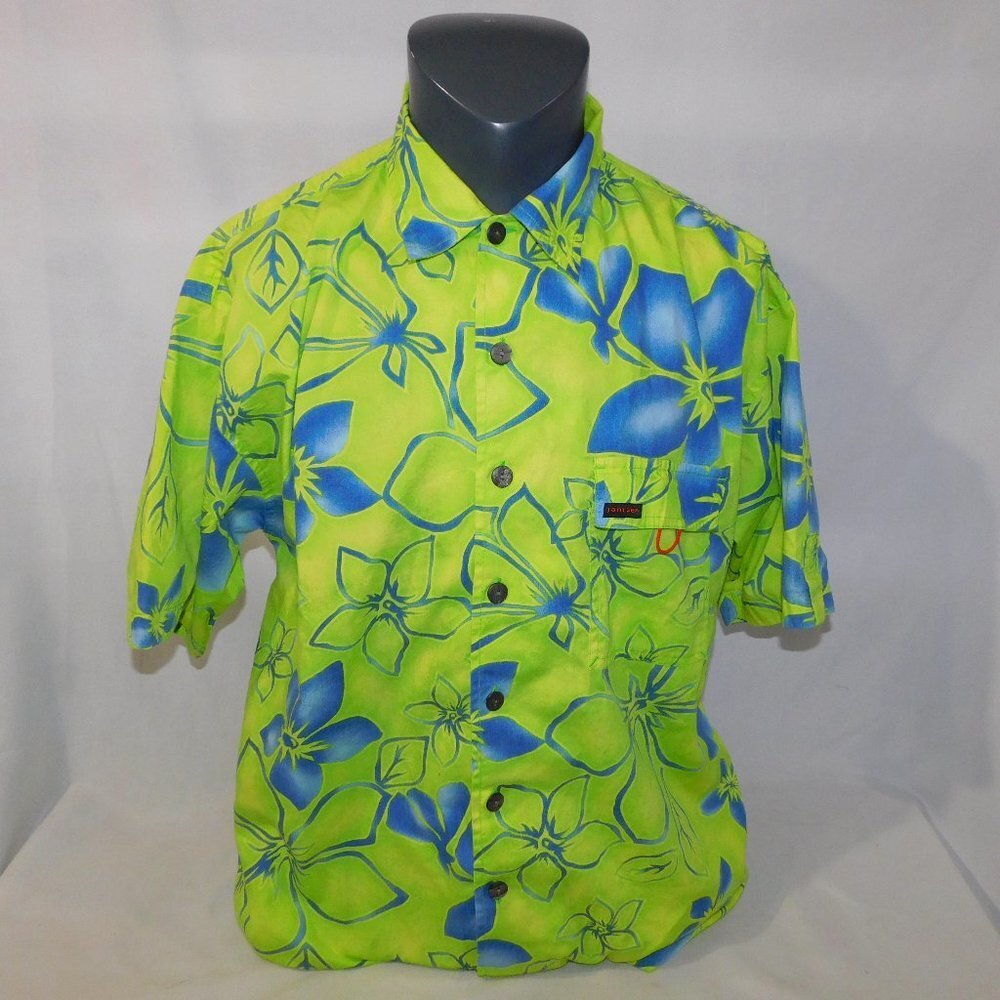 Jantzen oversized Green Blue Floral Hawaiian Shirt Short Sleeve Tropical Mens M
